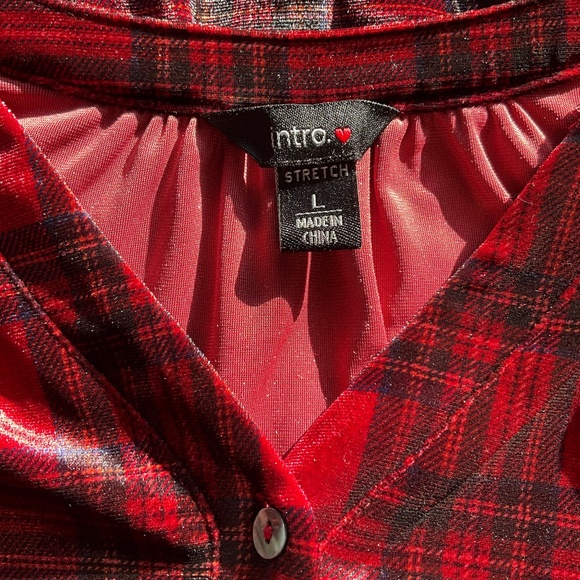 Intro Stretch Velvet Oversized Tartan Plaid Henley Top Holiday Comfy Red Black L - Picture 11 of 11
